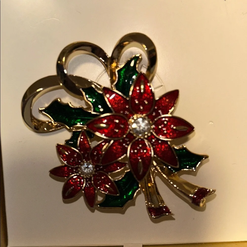 Napier Red Enamel and Rhinestone Poinsettia Pin Brooch.